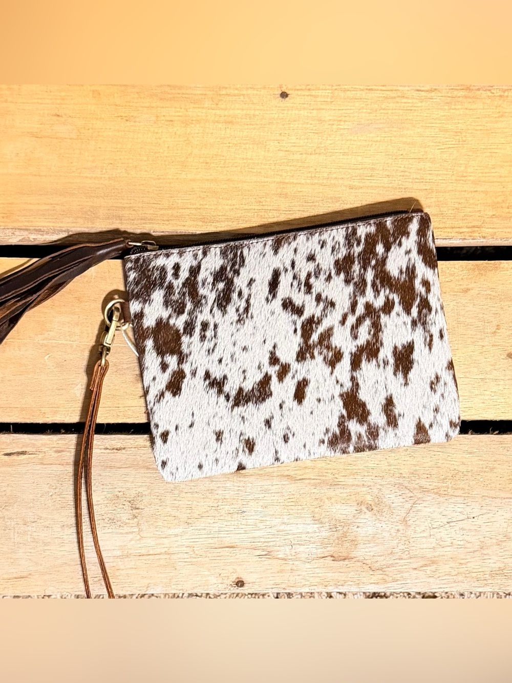 Cowhide Wristlet Clutch in White and Brown